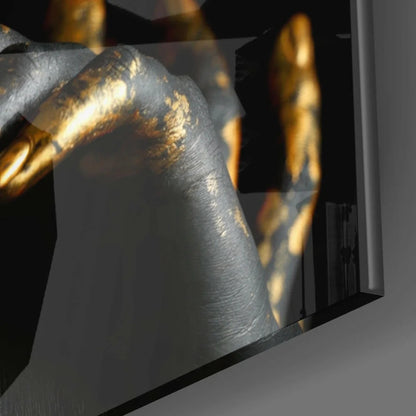 Stunning black gold glass wall art panel with metallic abstract sculpture