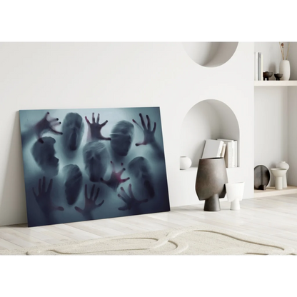 Modern abstract blue canvas wall art with ethereal hands and faces