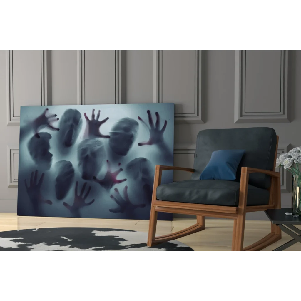 Ethereal ghost hands on frosted glass wall art in blue tones