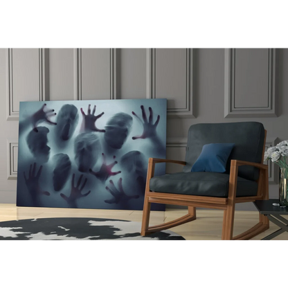 Ethereal ghost hands on frosted glass wall art in blue tones