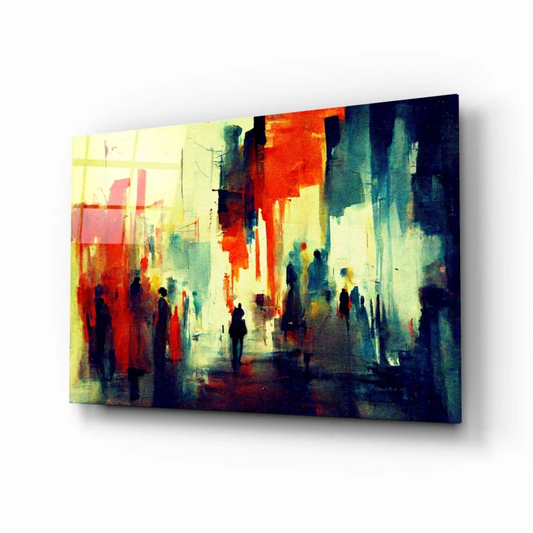 Bold urban cityscape wall art canvas with vibrant red, yellow, blue strokes