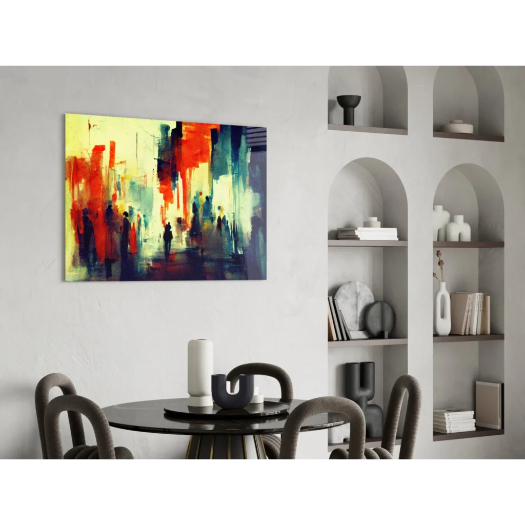 Vibrant abstract cityscape canvas wall art with bold red, orange, teal brushstrokes