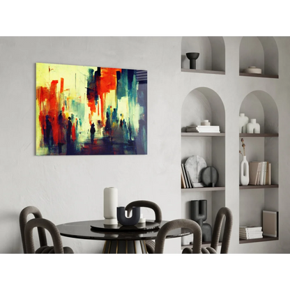 Vibrant abstract cityscape canvas wall art with bold red, orange, teal brushstrokes