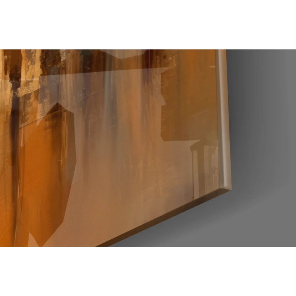Warm abstract amber silhouette canvas wall art in sleek metallic frame