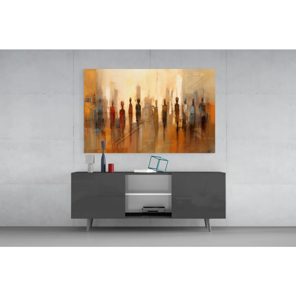 Abstract warm orange silhouette wall art canvas with blurred figures
