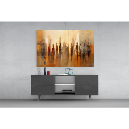 Abstract warm orange silhouette wall art canvas with blurred figures