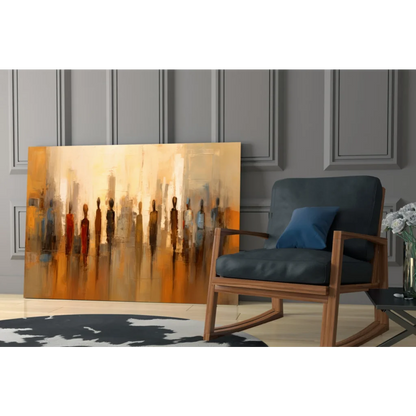 Abstract amber silhouette wall art with warm golden figures on reflective glass