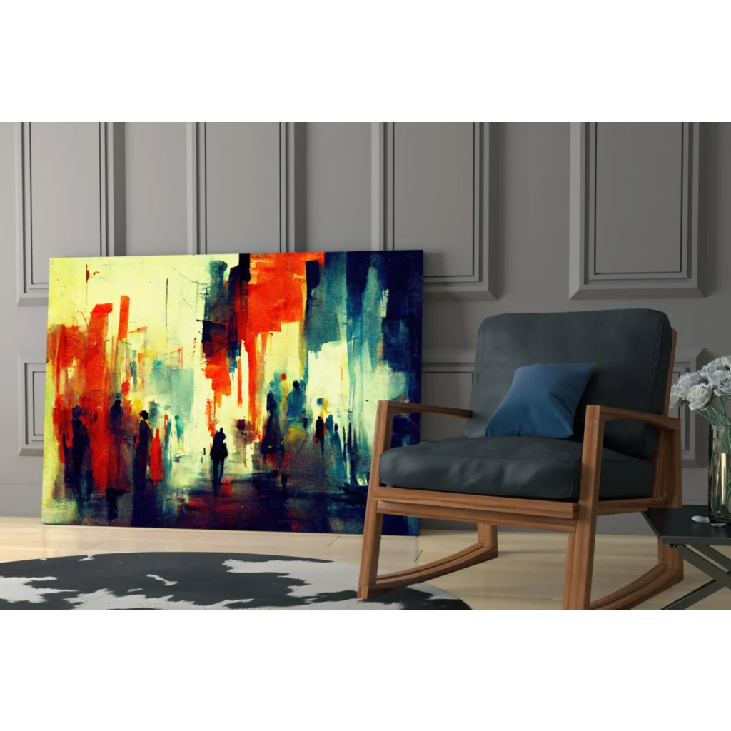 Vibrant bold urban cityscape wall art canvas with red orange blue yellow strokes