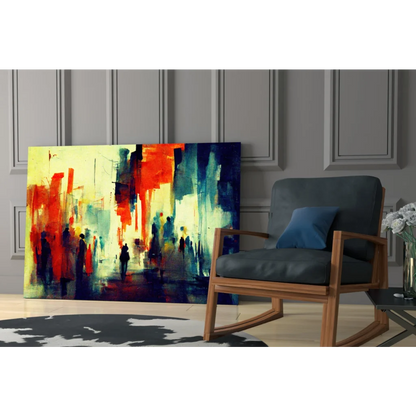 Vibrant bold urban cityscape wall art canvas with red orange blue yellow strokes