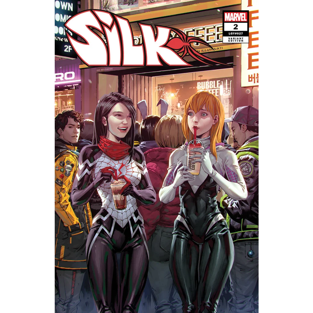 Comic book cover with two female superheroes on City Street, one drinking Bubble Tea