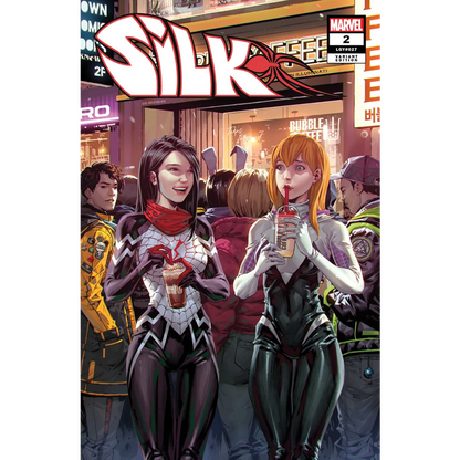 Comic book cover with two female superheroes on City Street, one drinking Bubble Tea