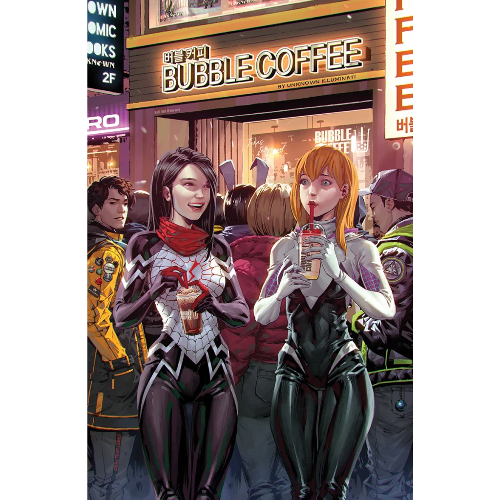 Two female superheroes in bodysuits drinking bubble tea from Marvel Comics Kael Ngu exclusive cover