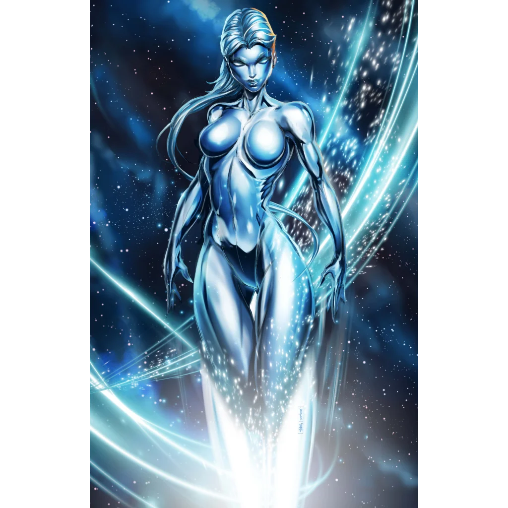Silver superhero costume with glowing blue energy on brushed aluminum print