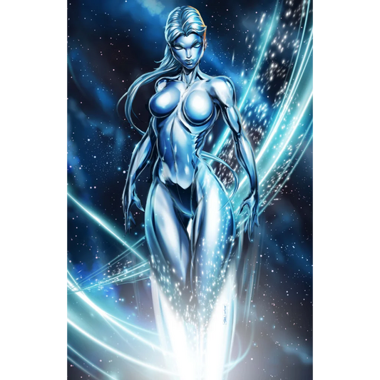 Silver superhero costume with glowing blue energy on brushed aluminum print