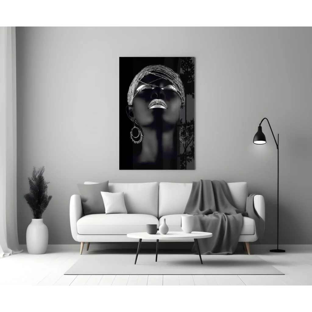 Black-and-white portrait wall art of woman with intricate headpiece and bold makeup