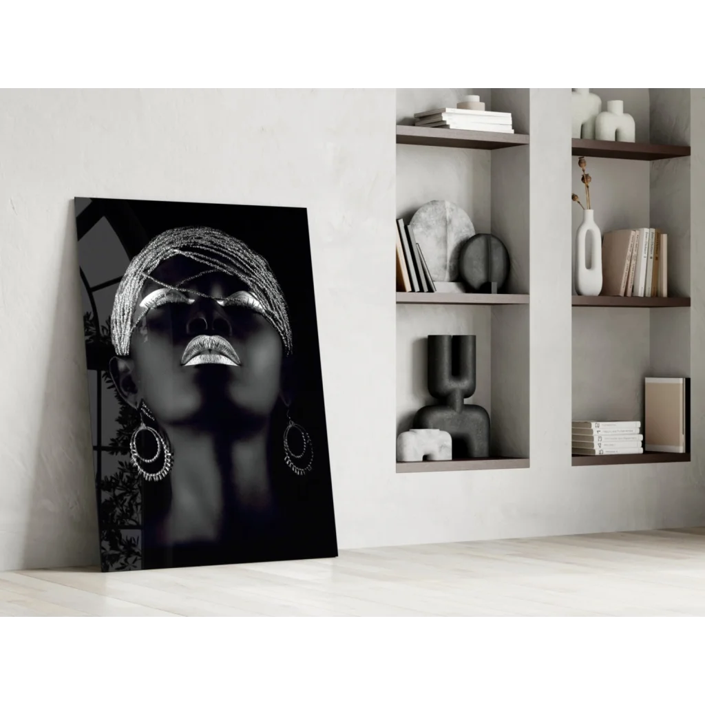 Stunning black and silver abstract woman portrait wall art with intricate headwrap and bold metallic details