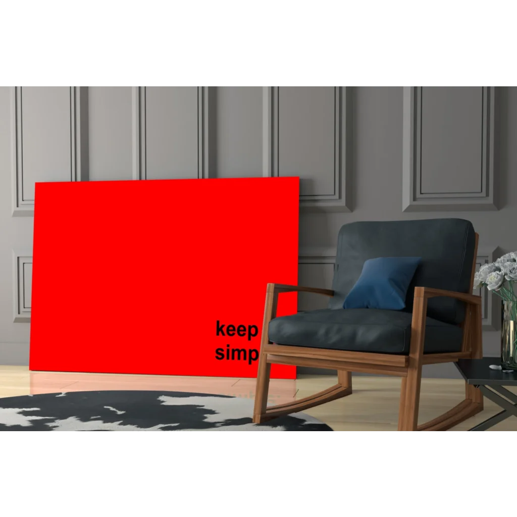 Vibrant red minimalist glass wall art with bold black keep simple text on gray wall