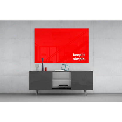 Bold red minimalist glass wall art canvas with Keep It Simple text