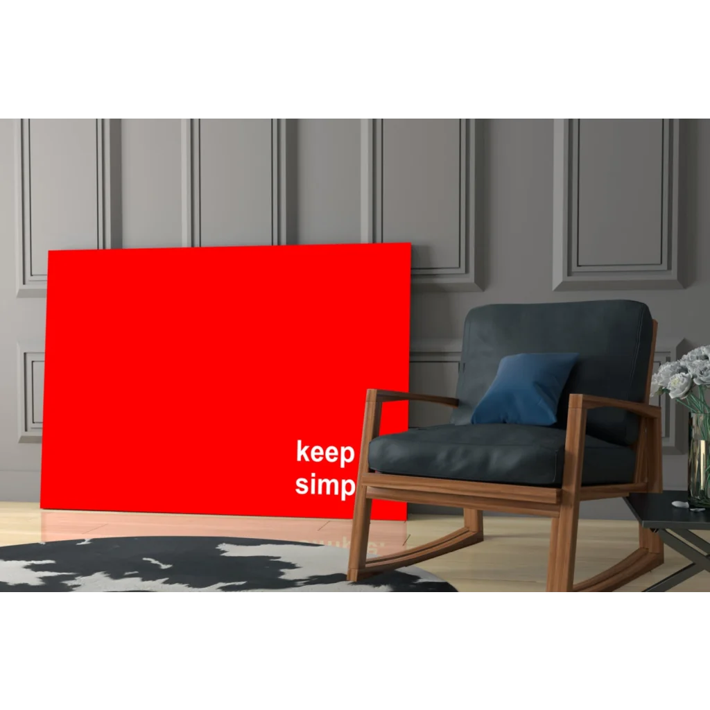 Vibrant red glass wall art canvas print with minimalist white Keep It Simple text