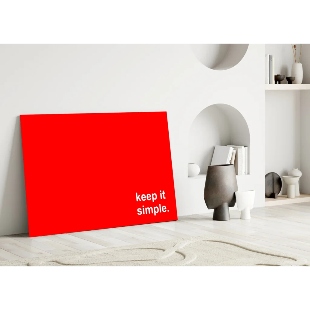 Vibrant red glass wall art canvas print with keep it simple text