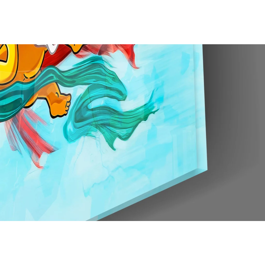 Vibrant Simpsons orange skin character with teal red fabric on glass wall art