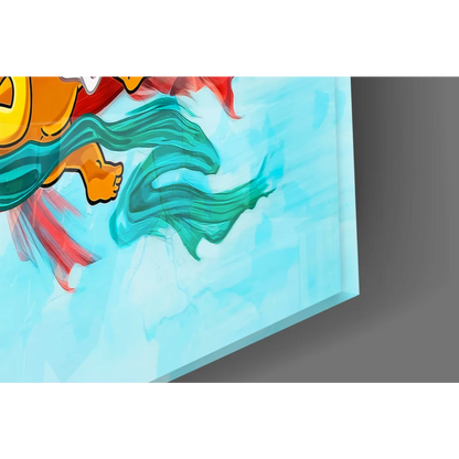 Vibrant Simpsons orange skin character with teal red fabric on glass wall art