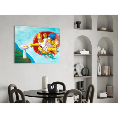 Vibrant Simpsons family cartoon in red frame on glass wall art canvas