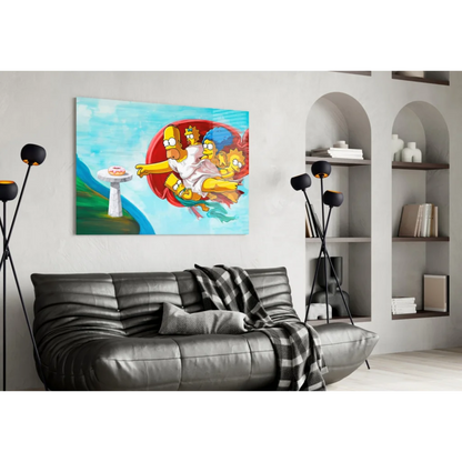 Vibrant Simpsons family in red frame on divine donut glass wall art canvas