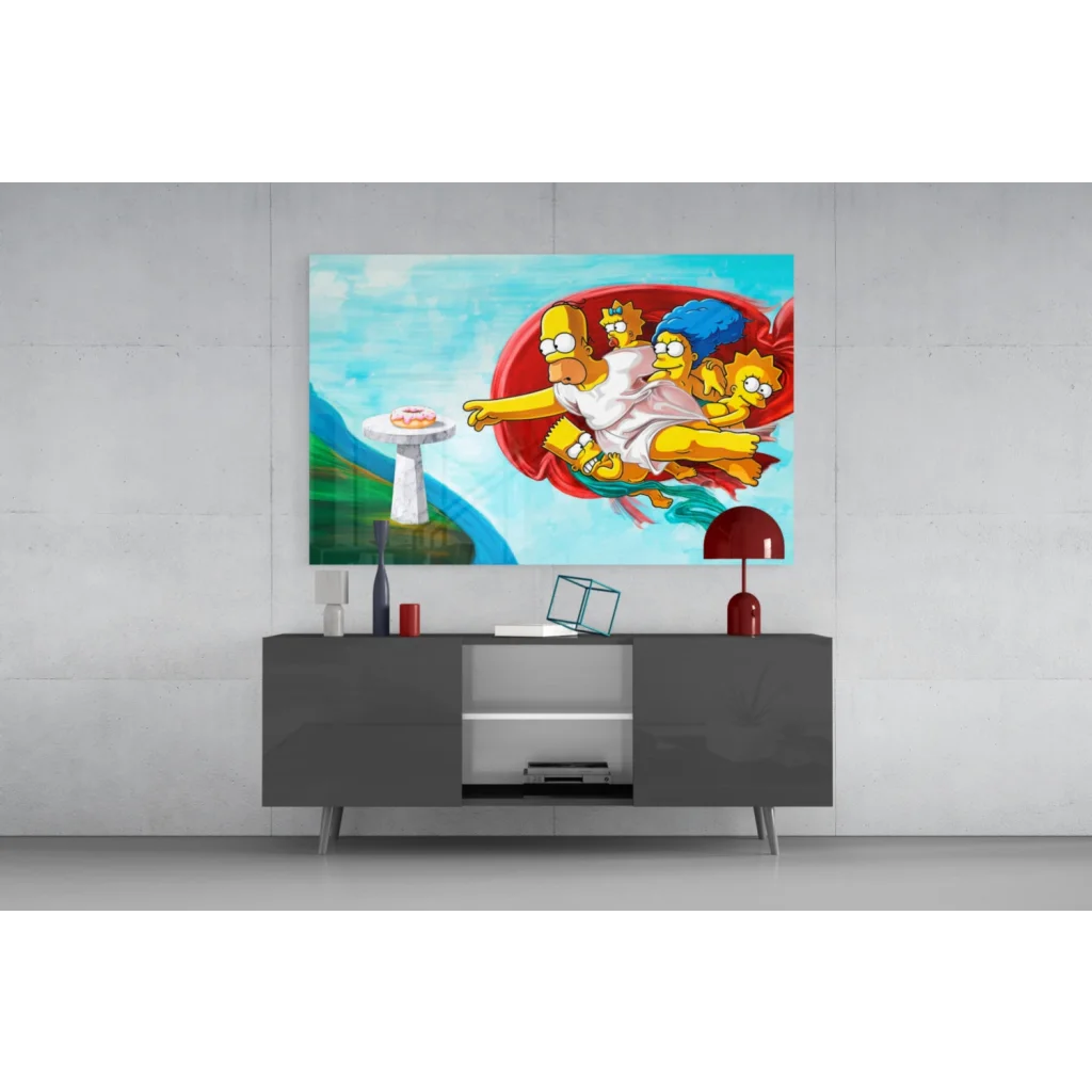 Simpsons family in red cloud reaching for donut on Simpsons Divine Donut glass wall art canvas