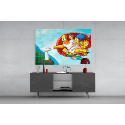 Simpsons family in red cloud reaching for donut on Simpsons Divine Donut glass wall art canvas
