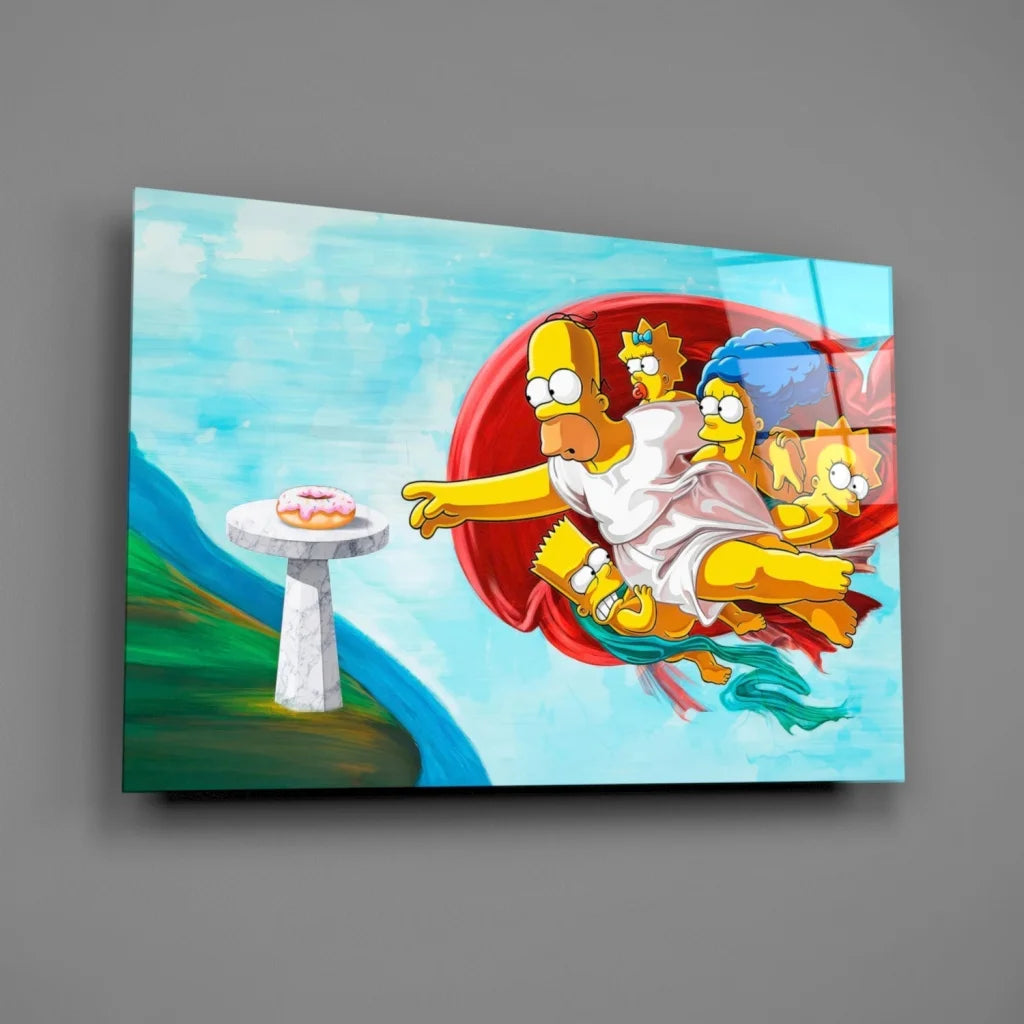Vibrant Simpsons family in divine donut glass wall art scene