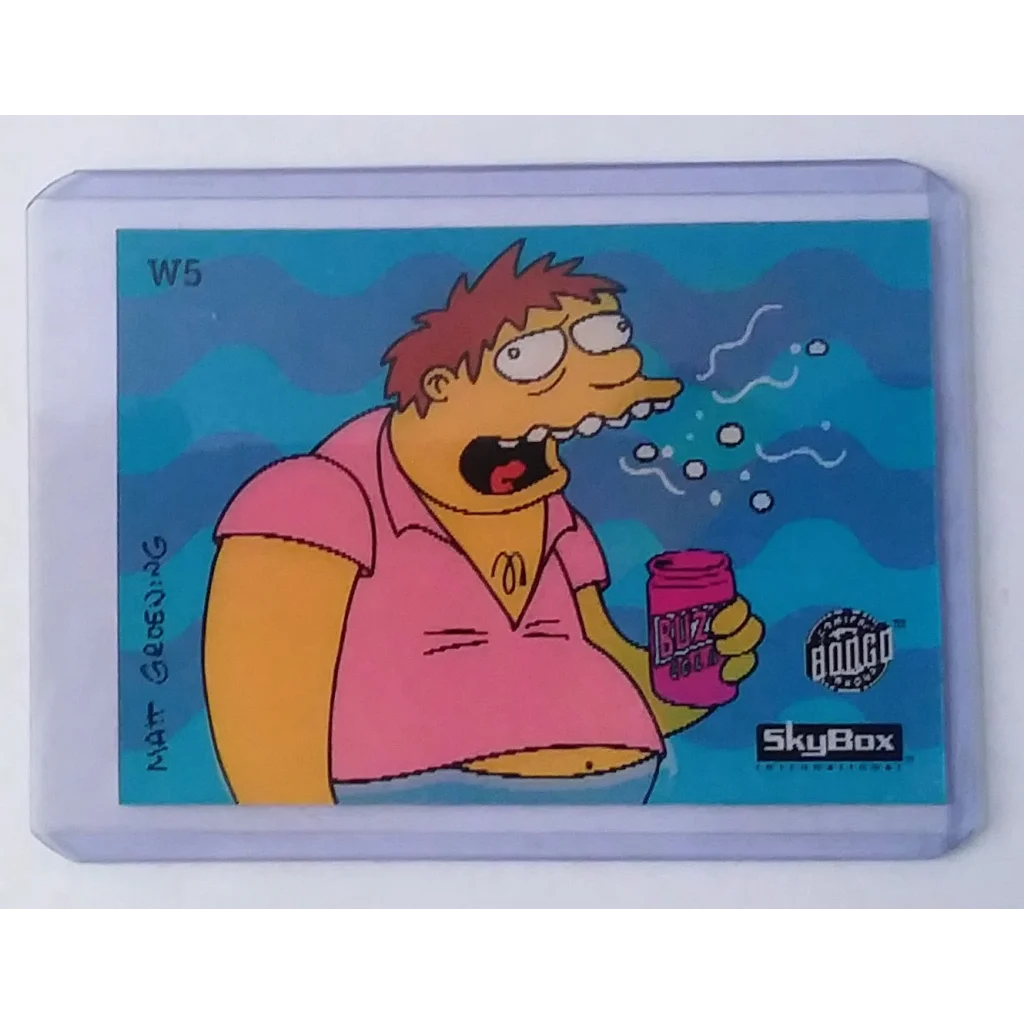 Barney Belch Simpsons trading card in pink shirt drinking soda case