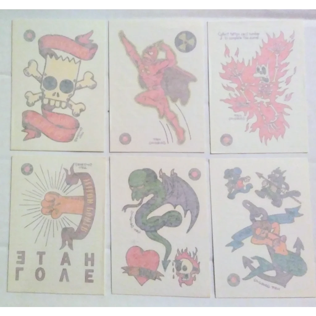 6-pack Simpsons trading card temporary tattoos from 1993 Skybox set