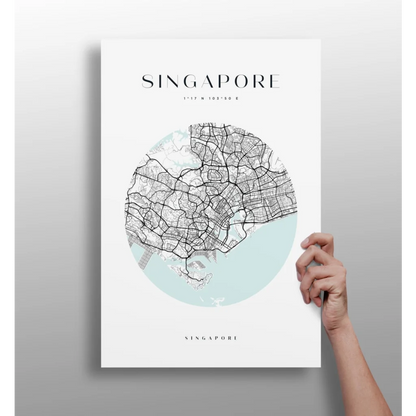Minimalist Singapore city map in circular insigne aluminum print