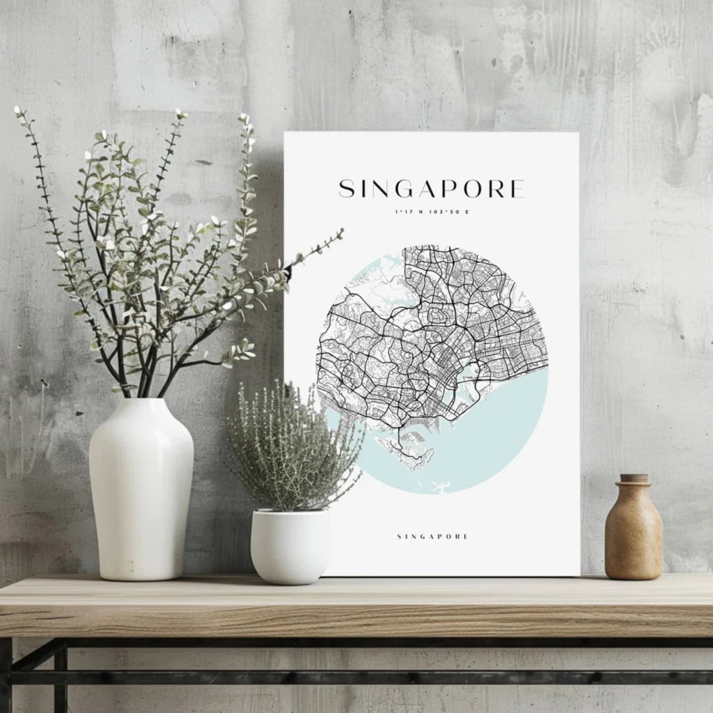 Minimalist Singapore city map insigne aluminum print in circular design