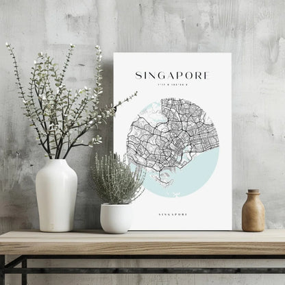 Minimalist Singapore city map insigne aluminum print in circular design