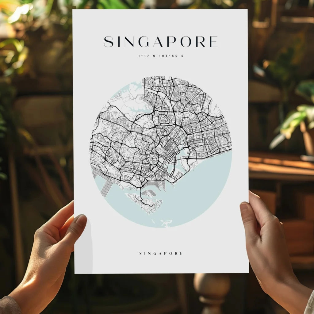 Minimalist Singapore city map in circular design on insigne aluminum prints