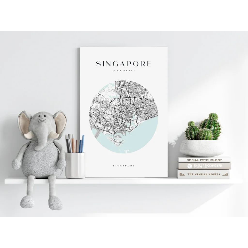 Minimalist Singapore map in white frame on insigne aluminum prints