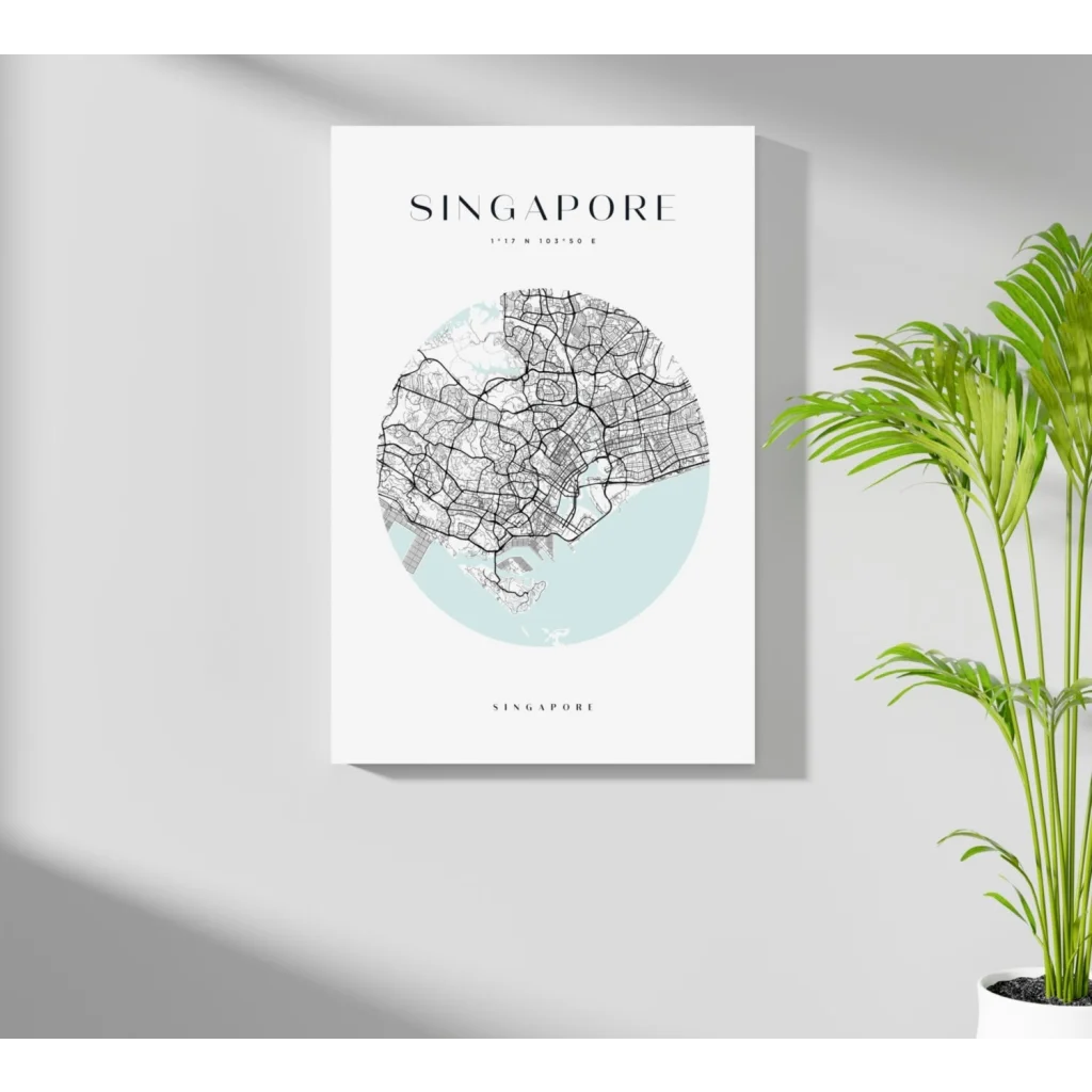 Minimalist Singapore map in circular insigne aluminum prints design