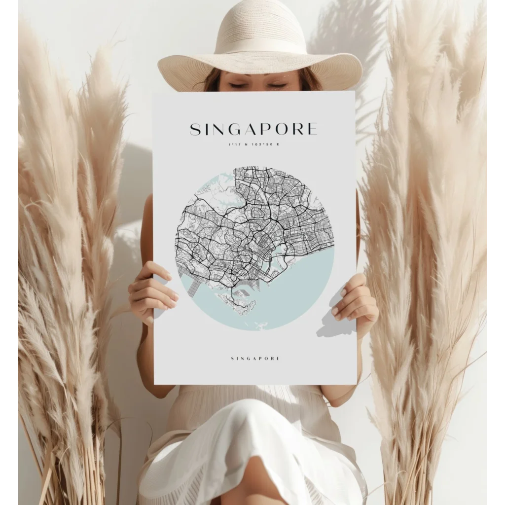 Minimalist Singapore city map on insigne aluminum print in circular design