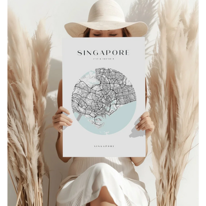 Minimalist Singapore city map on insigne aluminum print in circular design