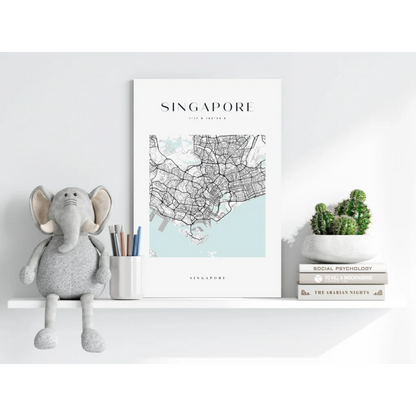 Framed Singapore city map insigne aluminum print in light blue watercolor