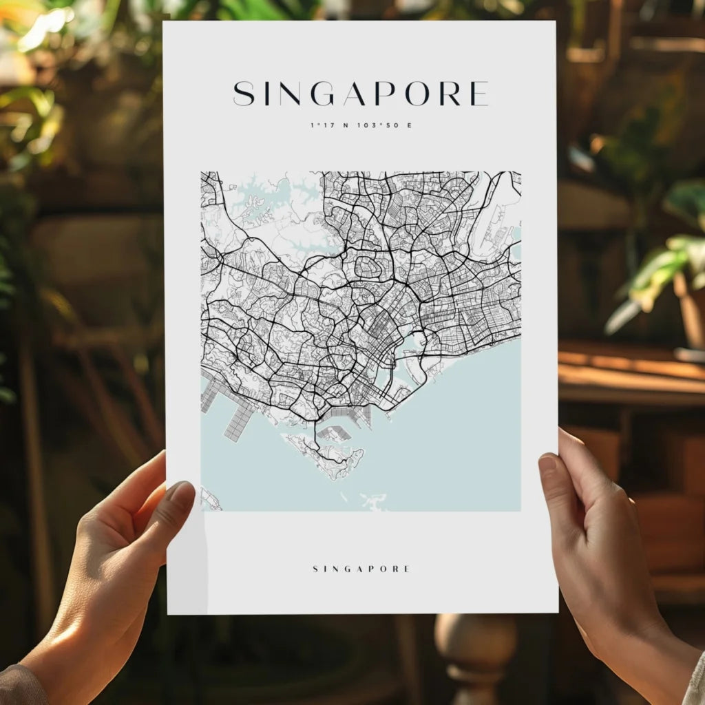 Minimalist Singapore city map on Insigne aluminum prints, light blue watercolor wash