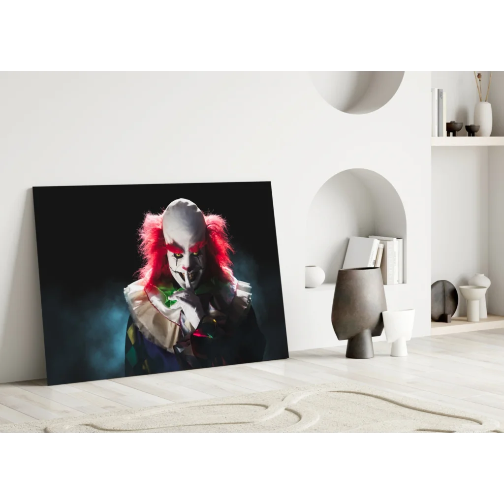 Sinister clown canvas wall art with red hair and green nose