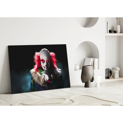 Sinister clown canvas wall art with red hair and green nose