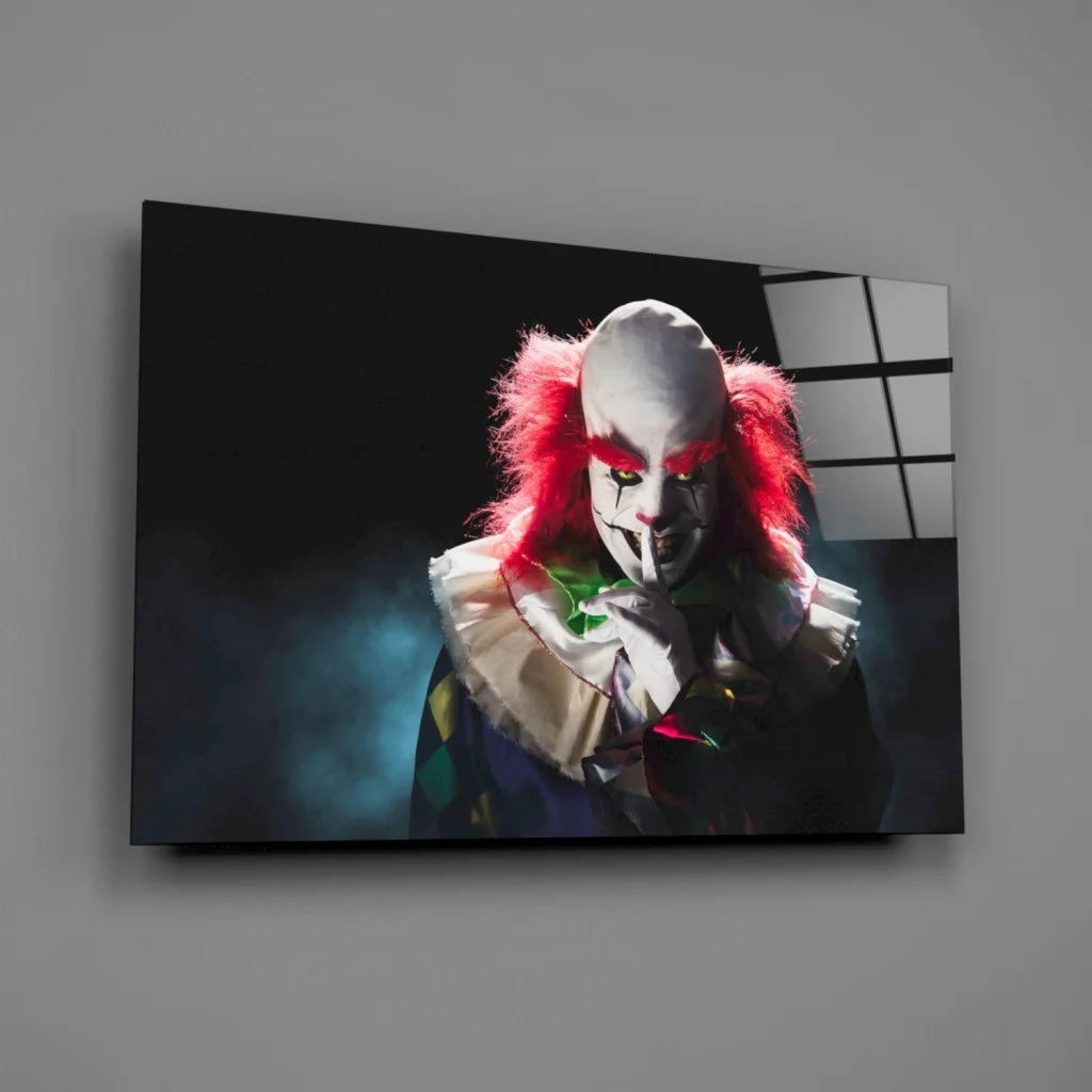Sinister clown canvas wall art with red hair, green nose, and eerie expression