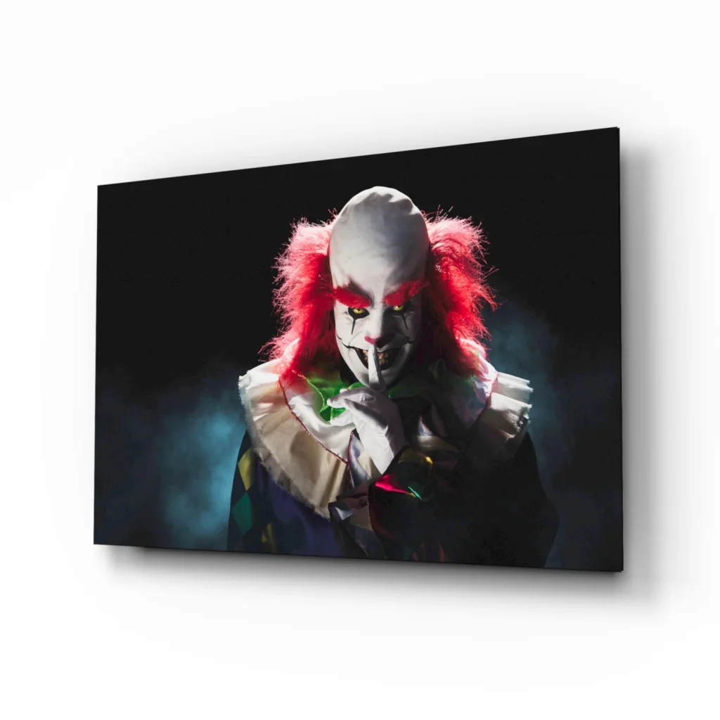 Sinister Clown Canvas Wall Art with Red Hair and Green Nose