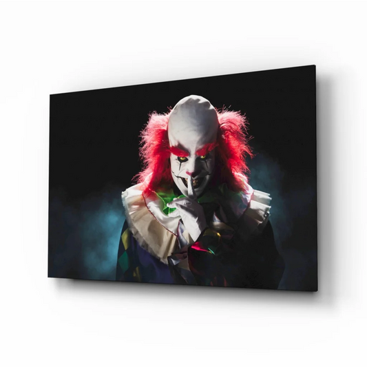 Sinister Clown Canvas Wall Art with Red Hair and Green Nose