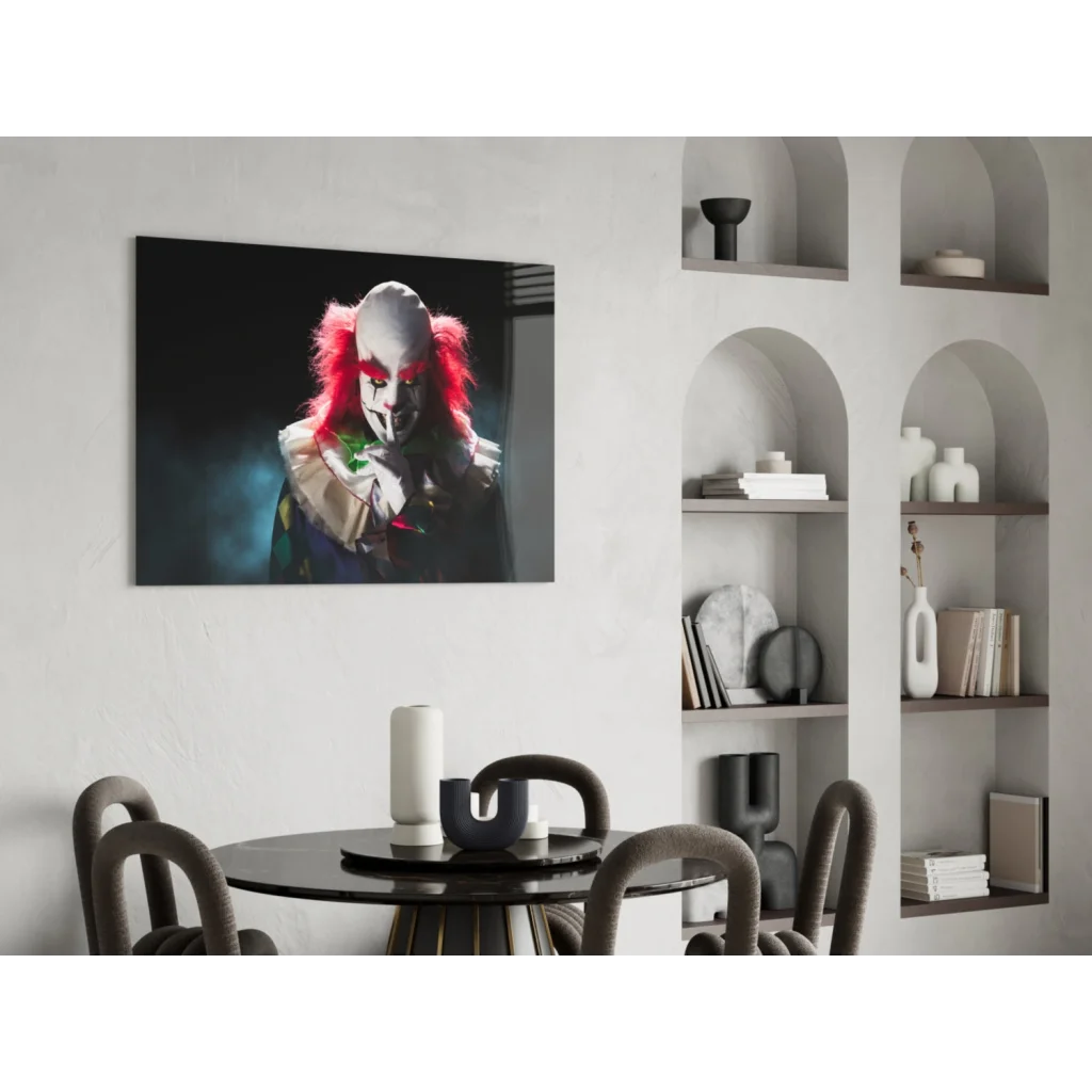 Sinister clown canvas wall art with red hair and green nose