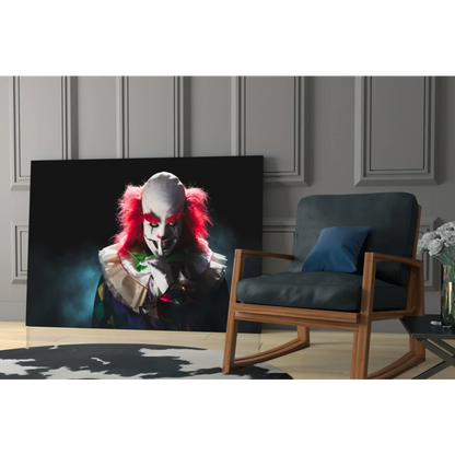 Sinister Pennywise clown wall art canvas print with red hair and green eyes